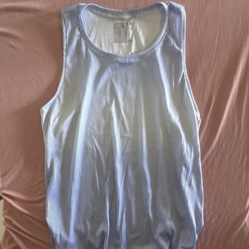 Lucky in Love Blue White Striped Ribbed Knit Tank Top Round Neck Sleeveless L